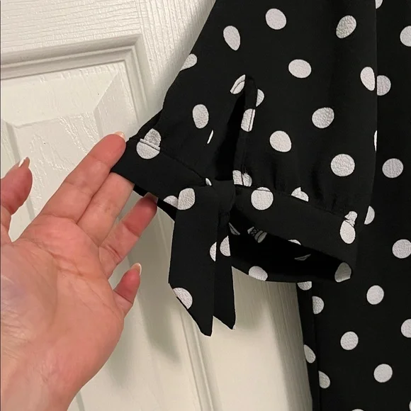 CeCe Black and White Polka Dot Blouse v neck - Picture 3 of 6